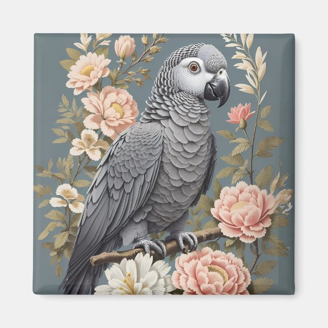Gorgisk afrikansk Grått-papegoja med Elegant Blomm Magnet (Framsidan)