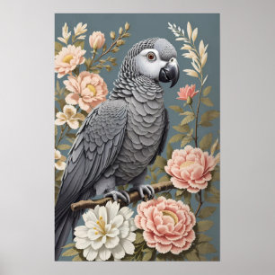 Gorgisk afrikansk Grått-papegoja med Elegant Blomm Poster