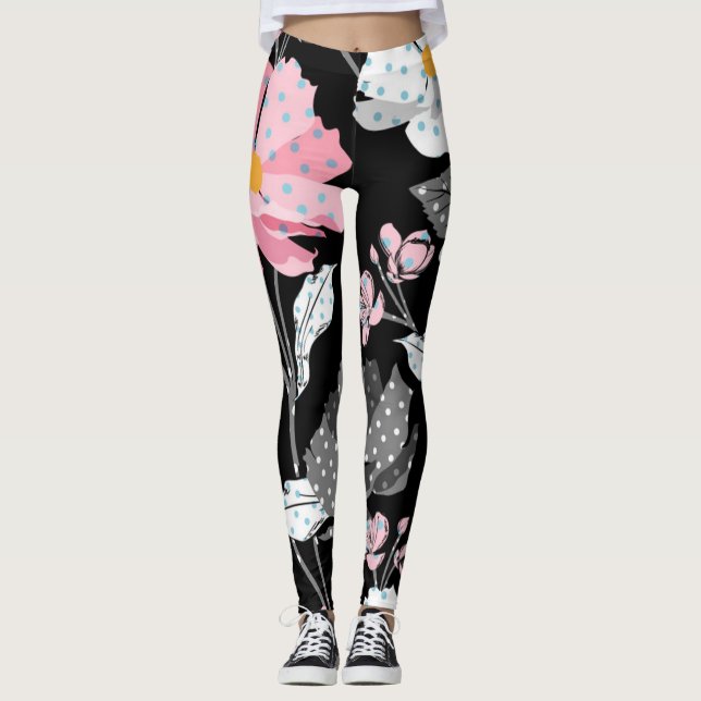 Gorgisk Rosa, svart, grått Abstrakt Blommigt Leggi Leggings (Framsida)