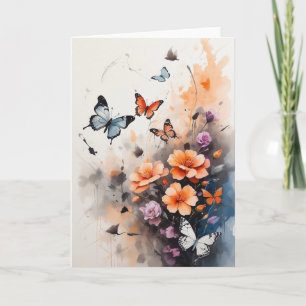 Gorglig blå Orange Blommigtar av fjärilar tom Kort