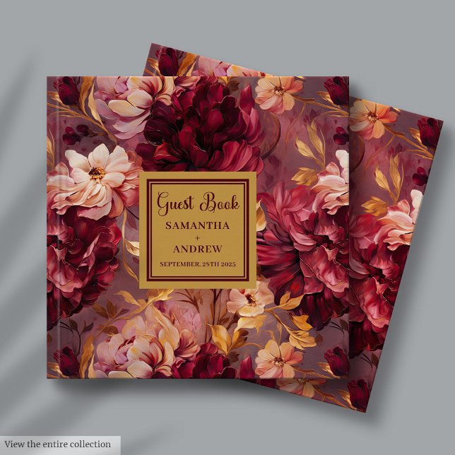 Gorglig  Burgundy Guld Bröllop Guest Bok (Gorgeous Blush Burgundy Gold Wedding Guest Book for Guests)
