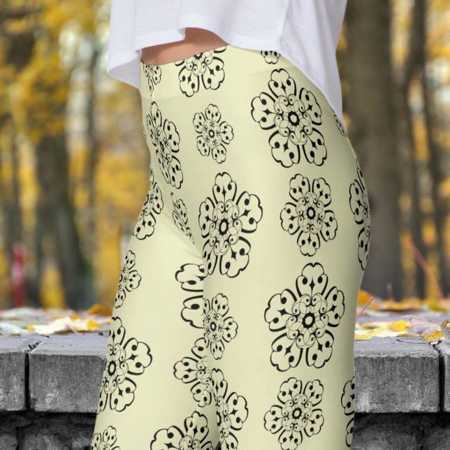 Gorglig Gult och Black Mandela Mönster Leggings (Mandela on Pale Spring Bud)