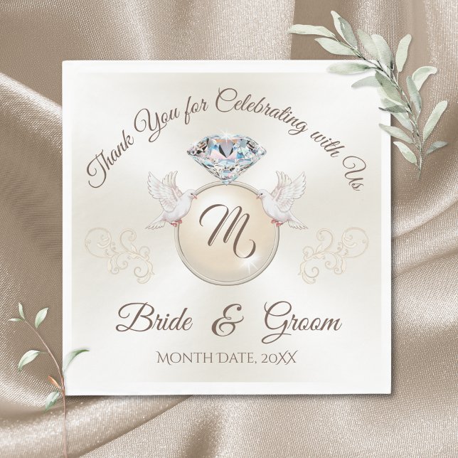 Gorglig ivoriansk Anpassningsbar tryckt Bröllop Na Pappersservett (Custom Wedding Napkins. Love Birds themed wedding. Diamond Wedding. Love Birds Wedding Napkins.)