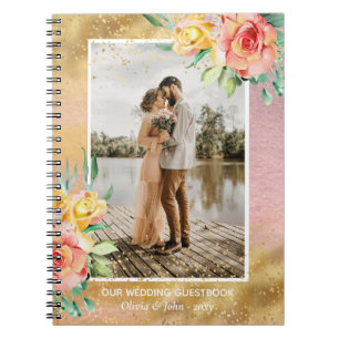 Gorglig Rosa Flower Photo Bröllop Guestbook Anteckningsbok
