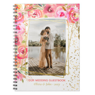 Gorglig Rosa Flower Photo Bröllop Kärlek Guestbook Anteckningsbok