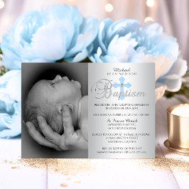 Gorglig Silver Blue Kor Boy PHOTO Baptism Inbjudningar