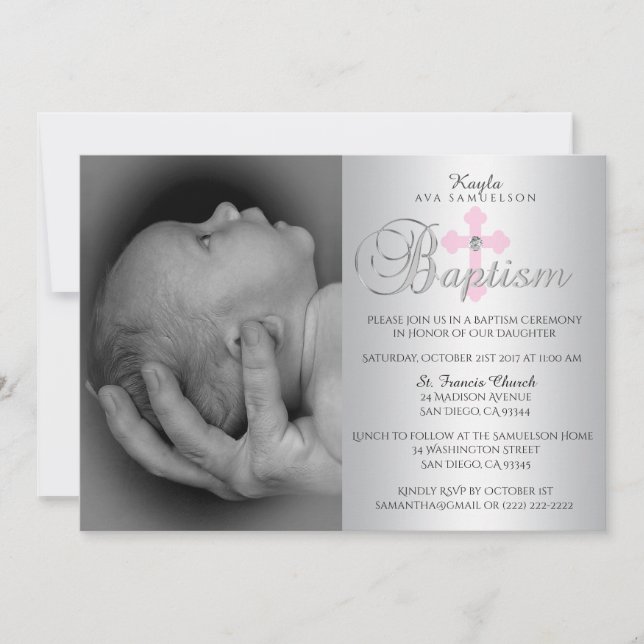 Gorglig Silver Rosa Kor Girl Girl PHOTO Baptism Inbjudningar (Framsida)