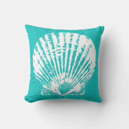Gorgligt Aqua med White Seashell Burlap-utseende Kudde