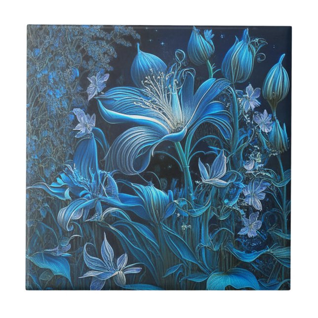 Gorgligt Blue Lily Blommigt Ceramic Tile Kakelplatta (Framsidan)