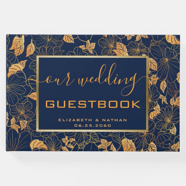 Gorgligt Guld Blommigt Guest Bok, Bröllop, marinbl Gästböcker (Framsida)