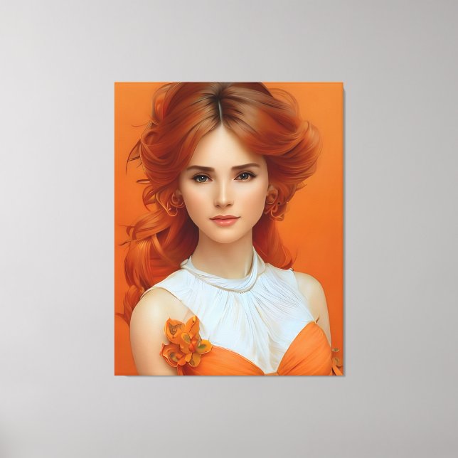 Gorgligt Long Hearing Woman in Orange Mode Model Canvastryck (Framsida)