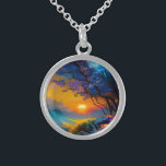 Gorgligt Sunrise över damm Sterling Silver Halsband<br><div class="desc">Färgblått och lila blommar träd Vackert soluppgång vid horisonten över dammfärgade gräs AI ART skapat med minx267</div>
