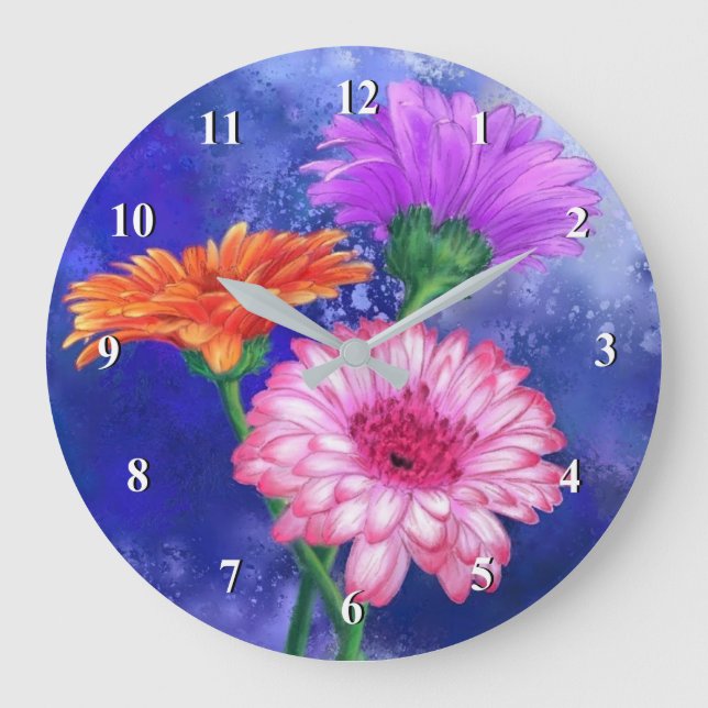 Gorgligt tre Färg-Gerberas - Miged Teckning Art Stor Klocka (Framsida)