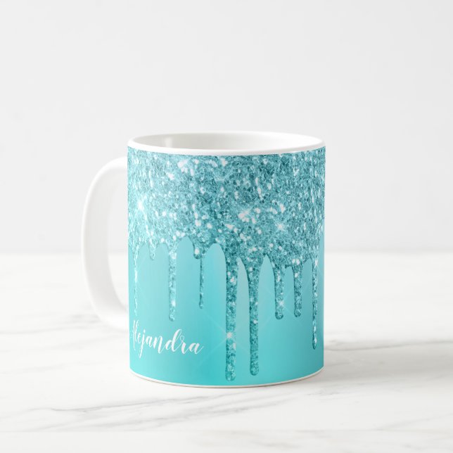 Gorgous aqua blue mynta & turkos glitter dricks kaffemugg (Framsida vänster)