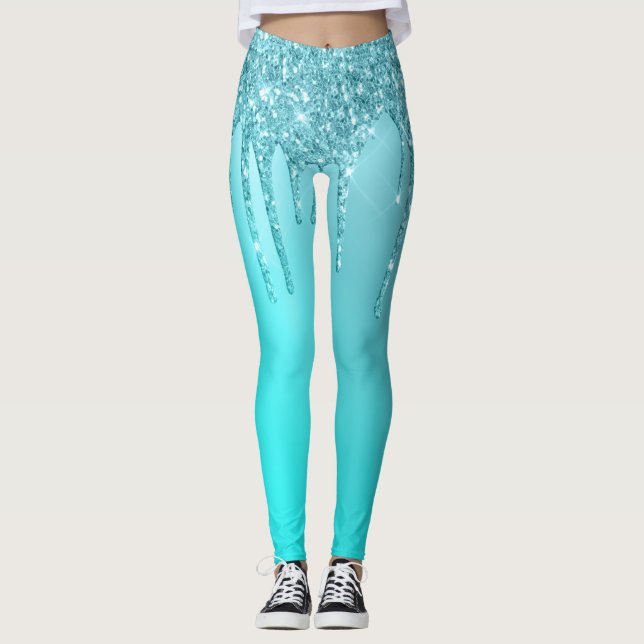 Gorgous aqua blue mynta & turkos glitter dricks leggings (Framsida)