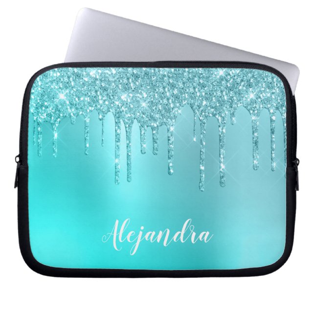 Gorgous aqua blue mynta & turquise glitter dricks laptop fodral (Framsidan)