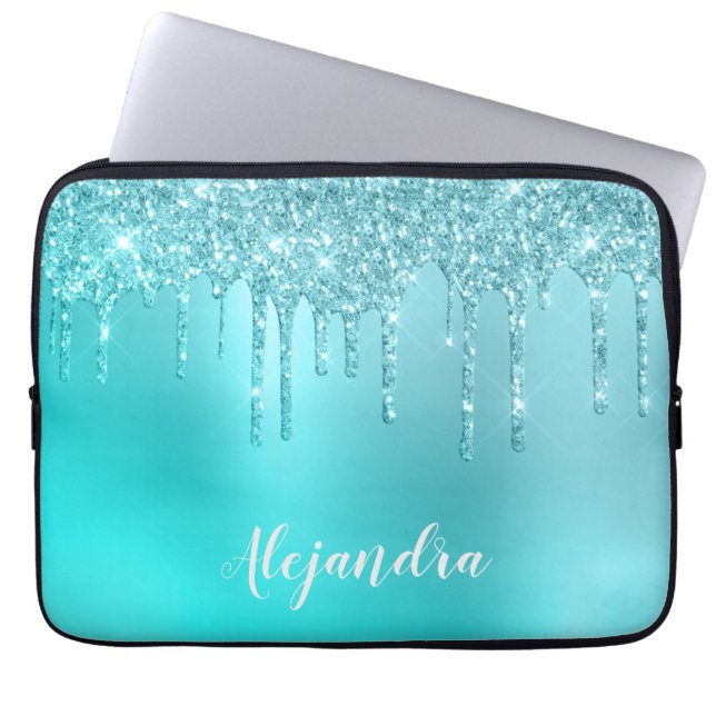 Gorgous aqua blue mynta & turquise glitter dricks laptop fodral (Framsidan)