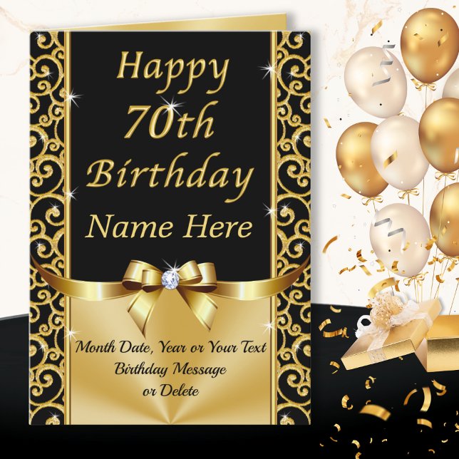 Gorgous Black och Guld Lycklig 70:e Födelsedagskor Kort (70th birthday wishes for female friend. Personalised, 70th birthday cards for her. Black and Gold.)