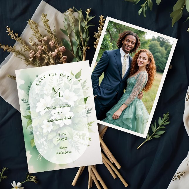 Gorgous Boho Translucent Oval Exuberant Greenery Spara Datumet (Gorgeous Boho Translucent Oval Overlay Exuberant Greenery Wedding Photo Save the Dates Cards.)