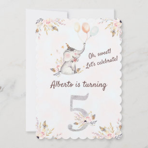 Gorgous Elephant Boho Blommigt Femte födelsedagen Inbjudningar