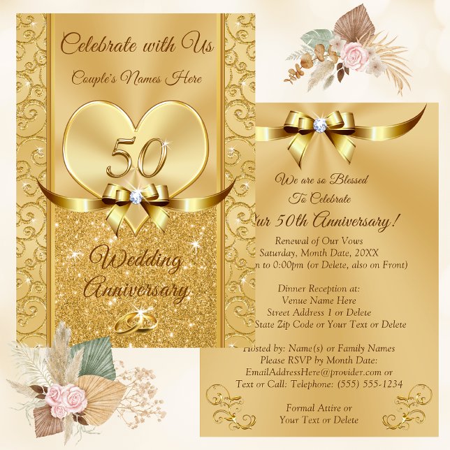 Gorgous, Golden Bröllop-jubileumsbjudanden. Inbjudningar (50th Anniversary Vow Renewal Invitations. Beautiful, Golden Wedding Anniversary Invitations. )