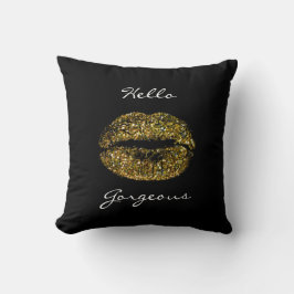 Gorgous Golden Glitter Black White Kiss Läppar Kudde