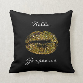 Gorgous Golden Glitter Black White Kiss Läppar Kudde
