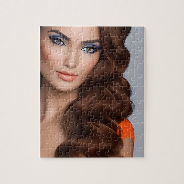 Gorgous Long Hearing Woman i Orange Jigszawa Puzzl Pussel (Vertikal)