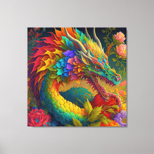Gorgous Neon Blommigt Dragon Canvastryck