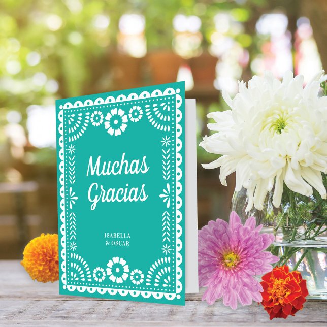 Gorgous Ornate Papel Picado Aqua Bröllop Tack Kort (Skapare uppladdad)