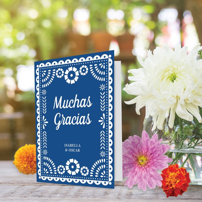 Gorgous Ornate Papel Picado Blue Bröllop Tack Kort (Skapare uppladdad)