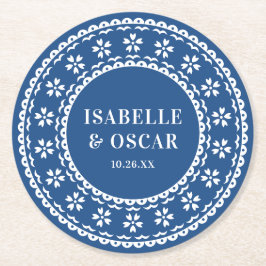 Gorgous Ornate Papel Picado Blue Bröllop Underlägg Papper Rund