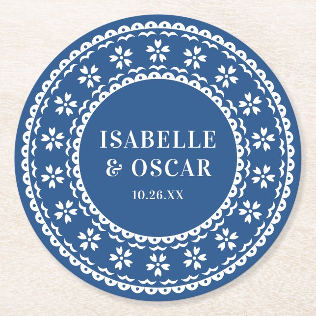 Gorgous Ornate Papel Picado Blue Bröllop Underlägg Papper Rund (Framsidan)