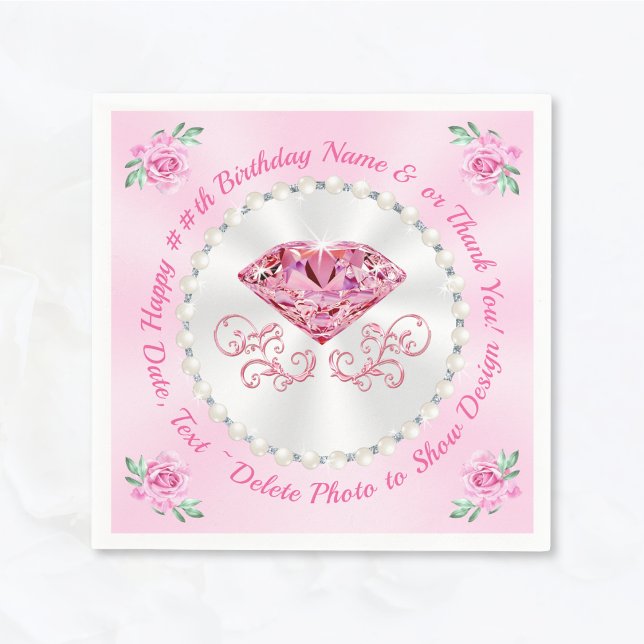 Gorgous, Rosa Grattis på födelsedagen Napkins, 3 S Pappersservett (Diamond and Pearls, Pink Cocktail Napkins. Choose Luncheon or Dinner. Light, Pink Birthday Napkins.)