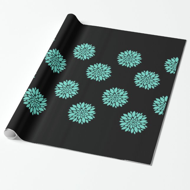 Gorgous Teal Peonies on Black Gift Wrap Wrapping Presentpapper (Utrullad)