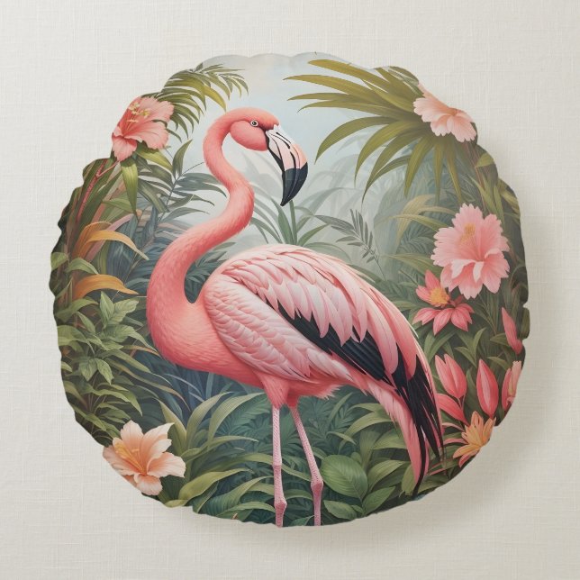 Gorgous Tropical Rosa Flamingo Bird Rund Kudde (Framsidan)