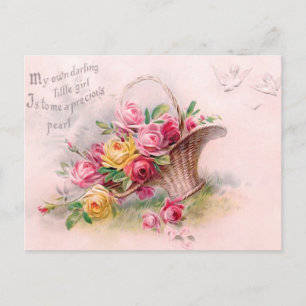 Gorgous Victorian Rosa & Gul ros Basket Vykort