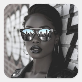 Gorgous Woman in City with Sunglasses Fyrkantigt Klistermärke