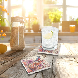 Gorgröd fågel och blommigt Sommar Stenunderlägg