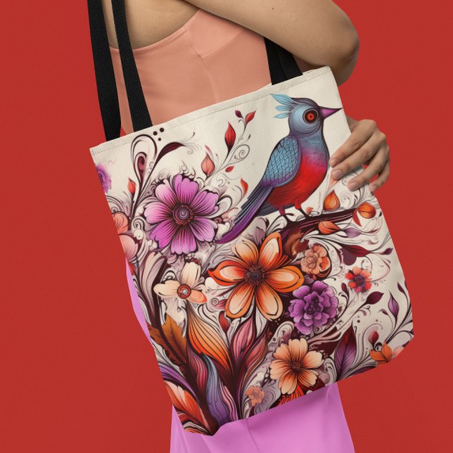 Gorgröd fågel och blommigt Sommar Tygkasse (Gorgeous Red bird and floral Summer Tote Bag)