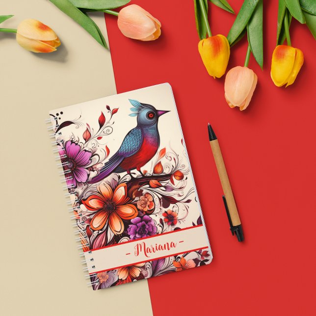 Gorgröd fågel och florat, eget namn Sommaren Anteckningsbok (Gorgeous Red bird and floral custom name Summer Notebook)