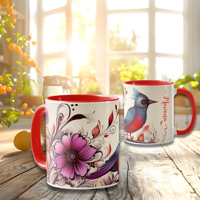 Gorgröd fågel och florat, eget namn Sommaren Mugg (Gorgeous Red bird and floral custom name Summer Mug)