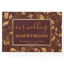 Gorgundy Bröllop Guest Bok i Blommigt Guld