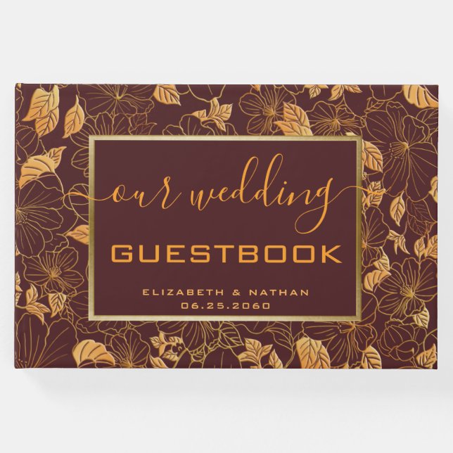 Gorgundy Bröllop Guest Bok i Blommigt Guld (Framsida)