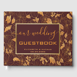 Gorgundy Bröllop Guest Bok i Blommigt Guld