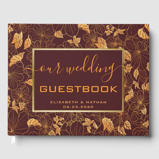 Gorgundy Bröllop Guest Bok i Blommigt Guld (Framsida)