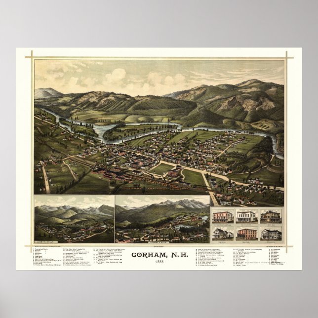 Gorham, NH Panoramic Karta - 1888 Poster (Framsidan)