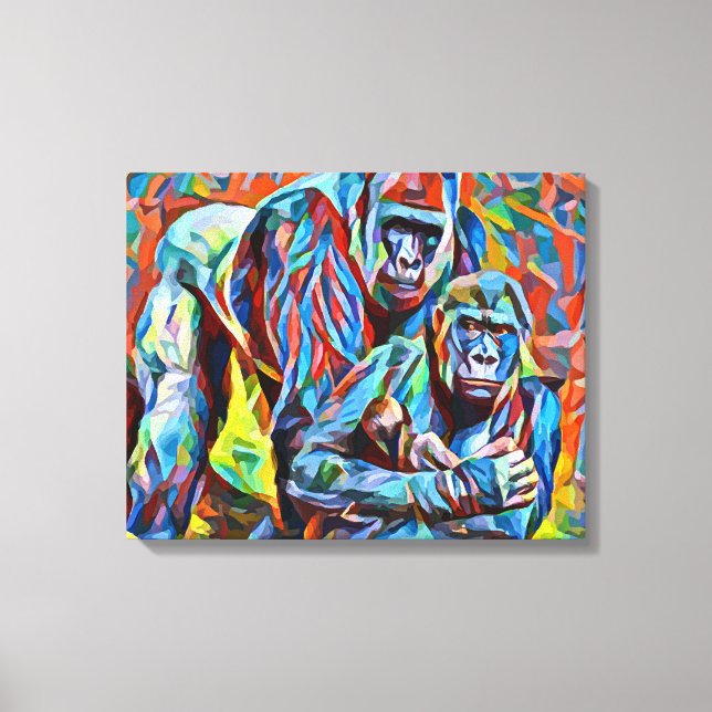 Gorilla Ape Family Abstrakt Animals Wildlife Art Canvastryck (Framsida)