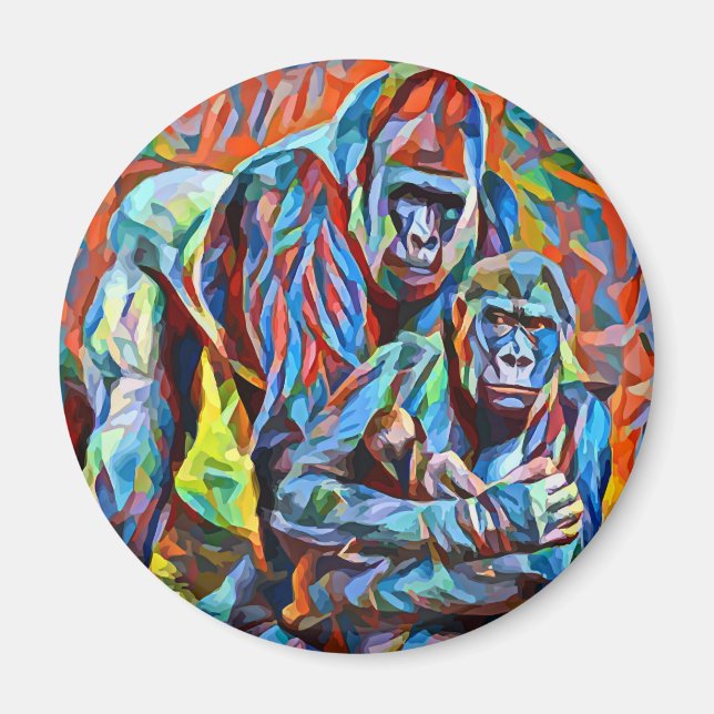 Gorilla Ape Family Abstrakt Animals Wildlife Art Magnet (Framsidan)