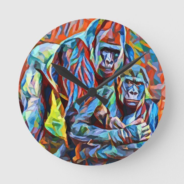 Gorilla Ape Family Abstrakt Animals Wildlife Art  Rund Klocka (Framsida)